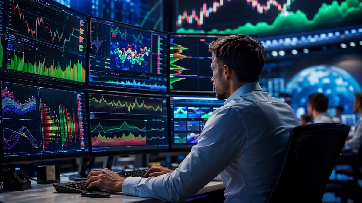 Trader using a modern multi-monitor terminal with abstract prediction market charts and market data visuals.