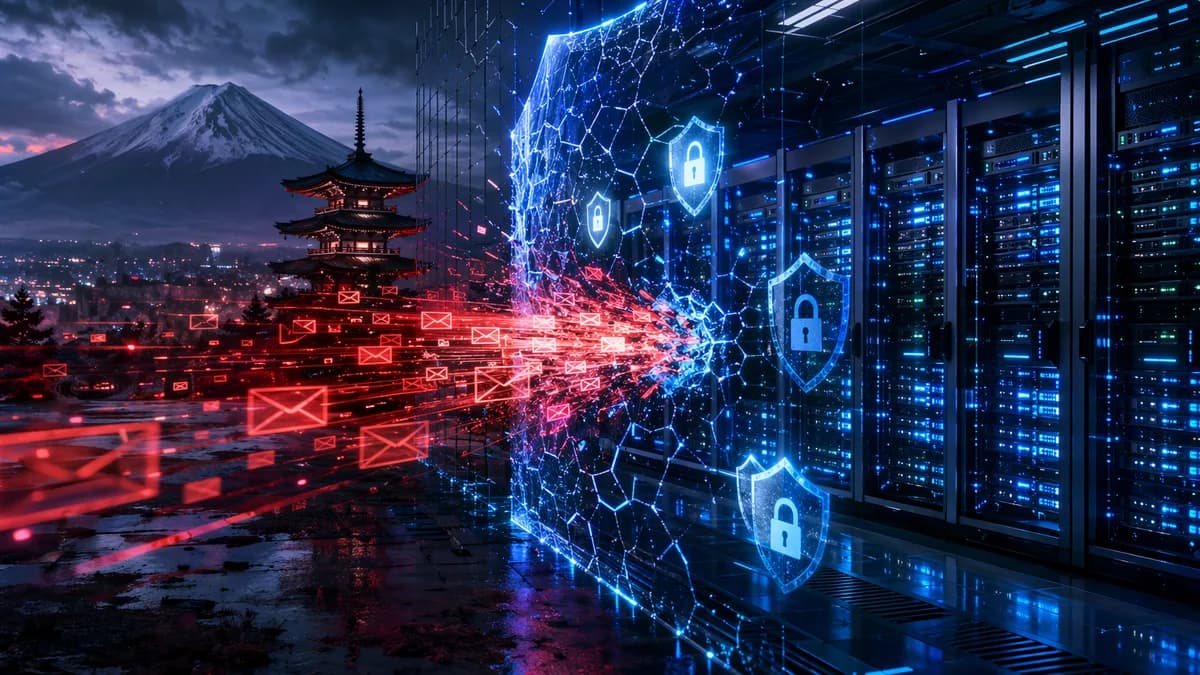 Cyberattack on telecom email platform with leaked data, broken shield, locks, and dark server room