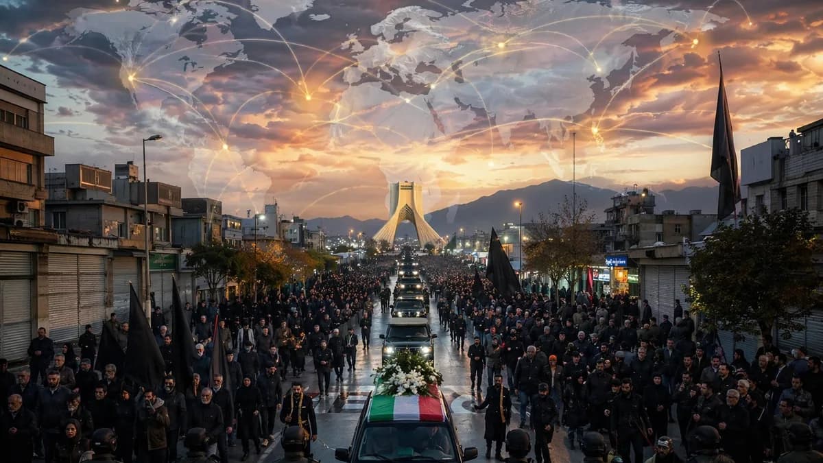 Tehran funeral procession under a world map overlay, showing tension, division and geopolitical stakes.