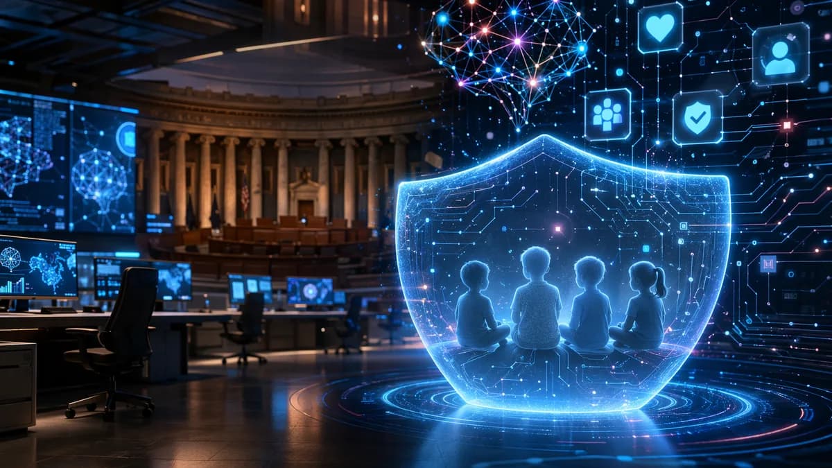 Futuristic tech policy room with digital shield around child silhouettes and government chamber in background