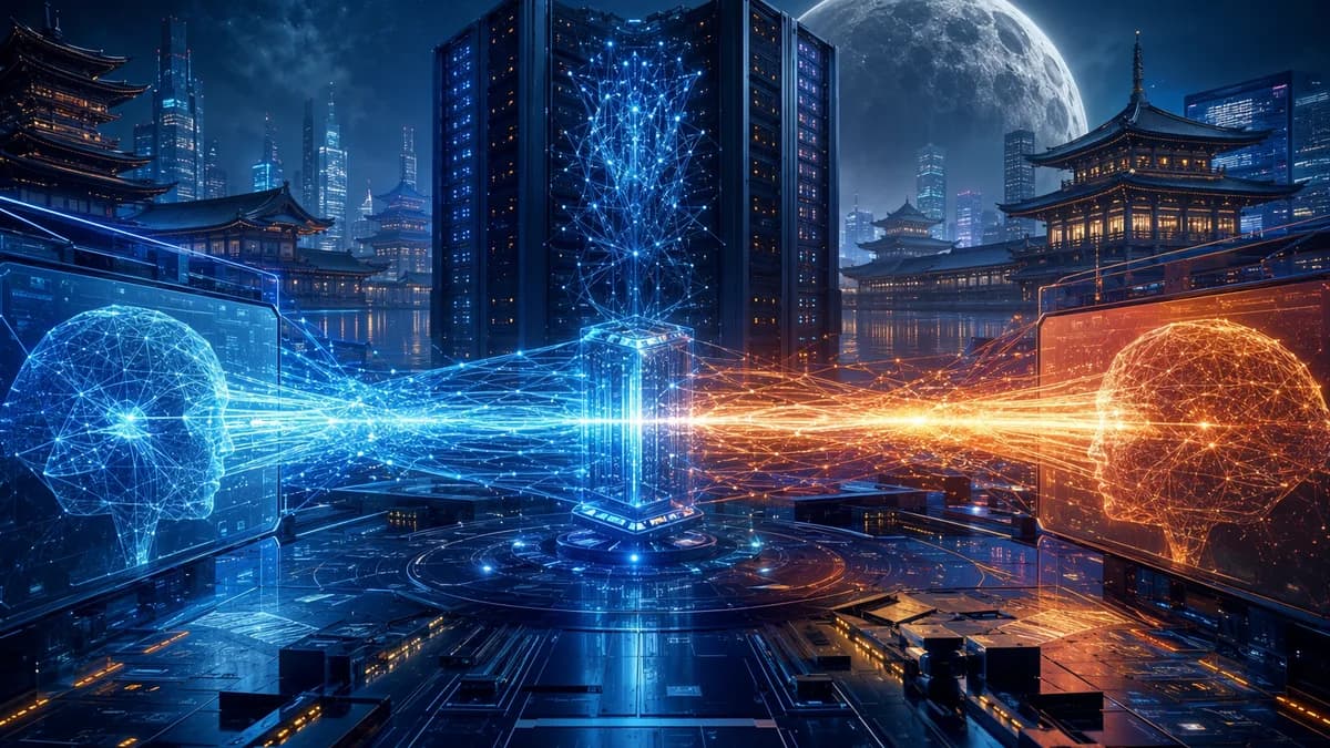 Futuristic AI hub with competing neural systems and a lunar orb, symbolizing cheaper frontier AI rivalry.
