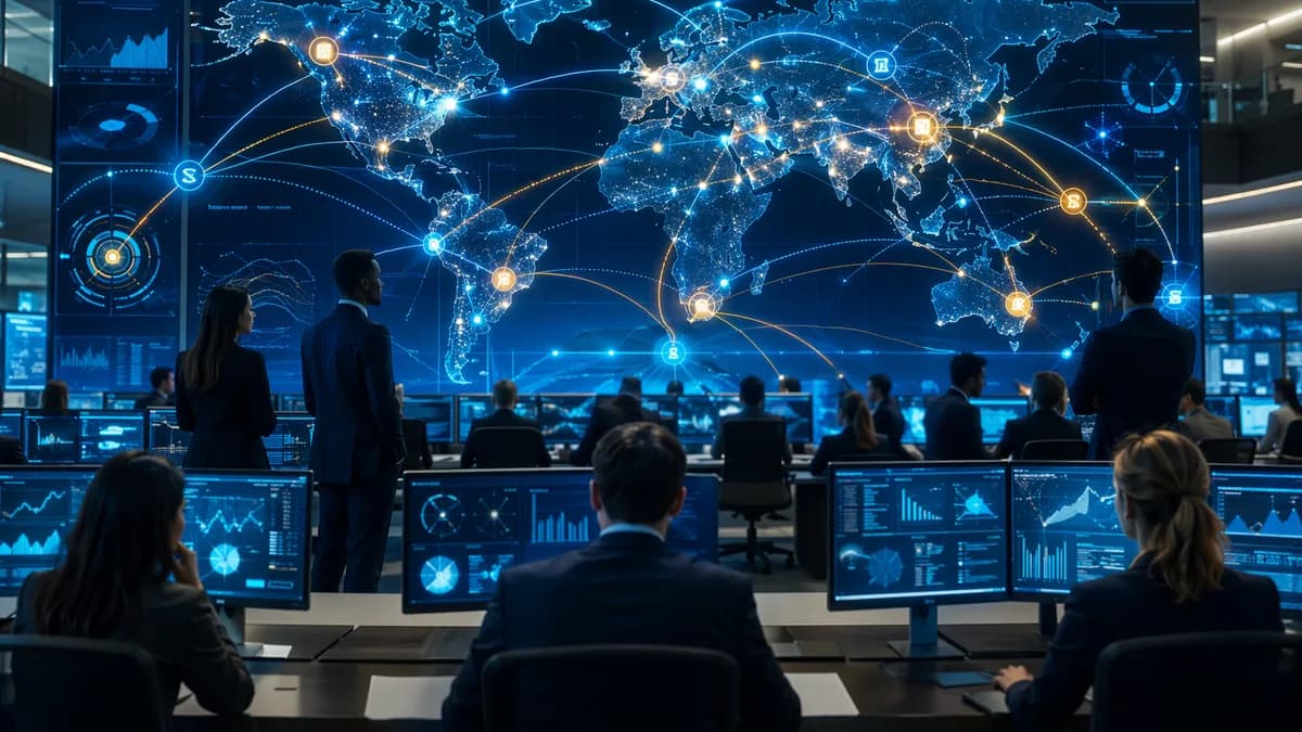 Global bank payment network with blockchain settlement flows across a luminous world map