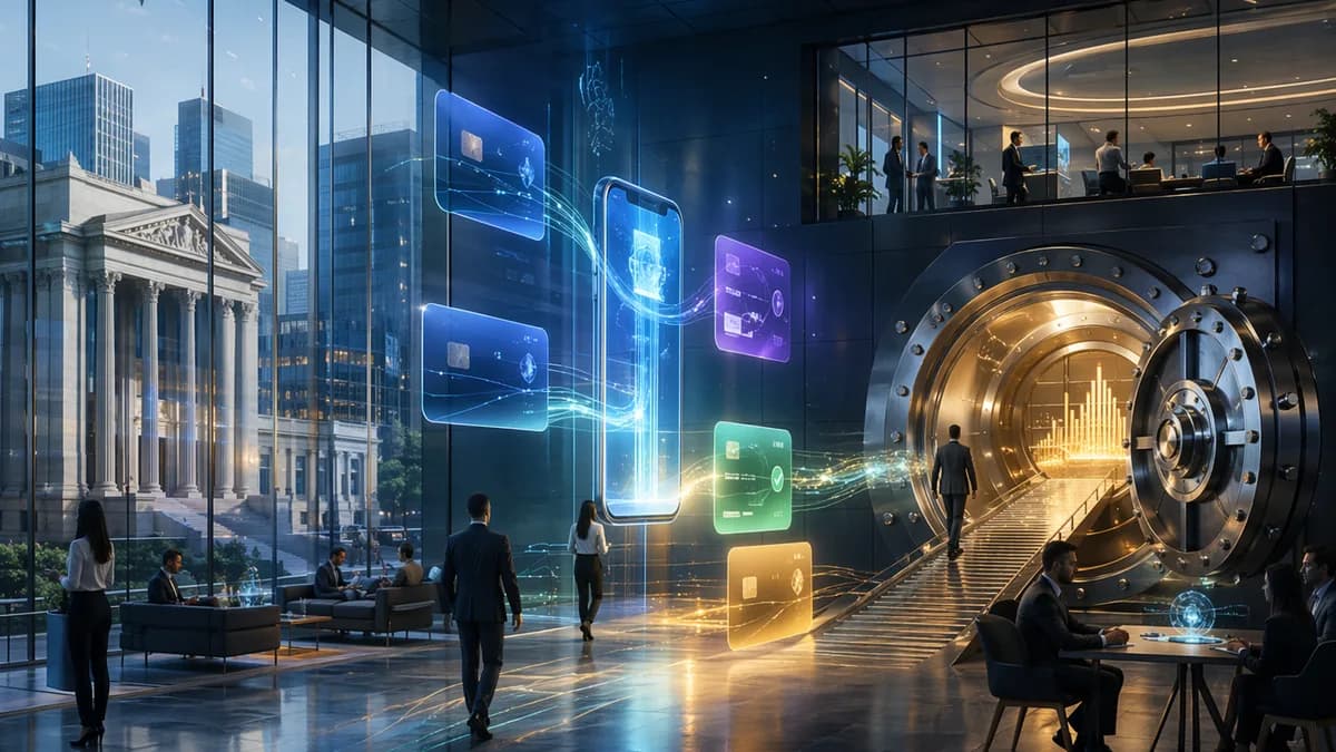 Futuristic fintech bank vault with mobile payments and deposits converging under one roof