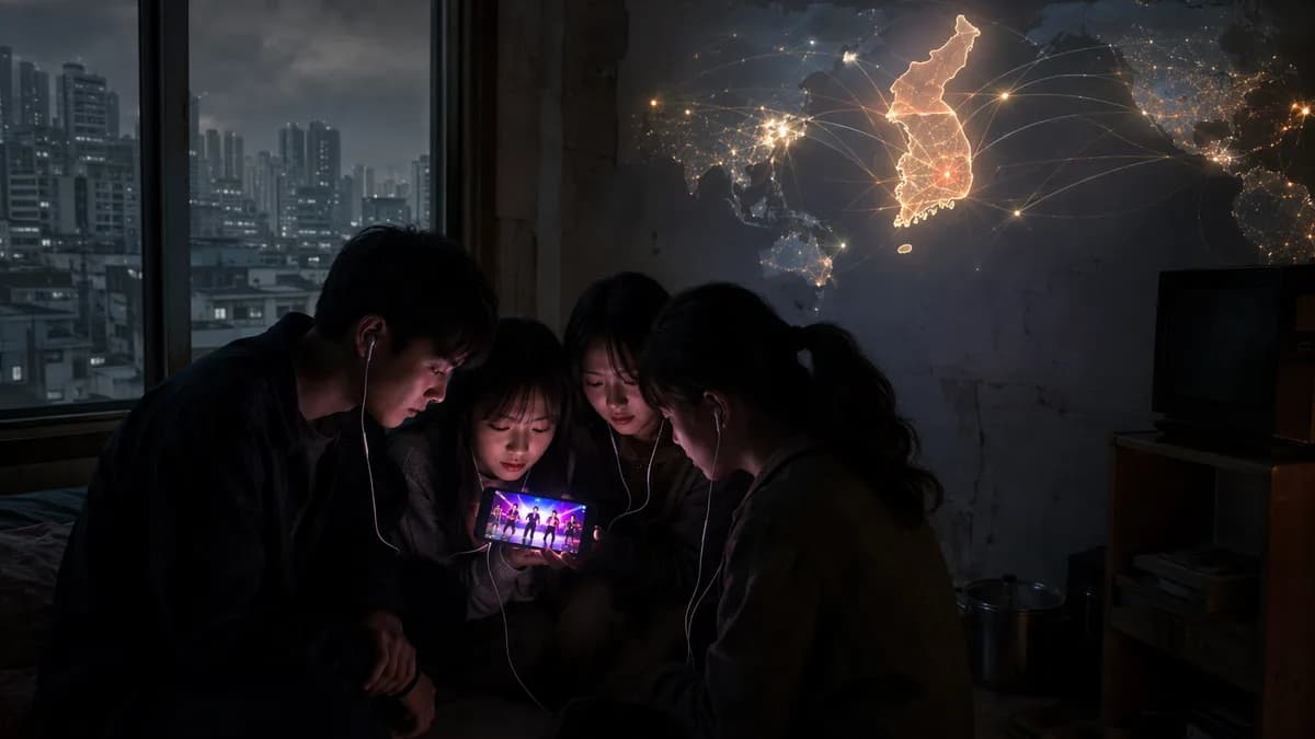 North Koreans secretly watch colorful media glow as global connections cross a dark Korean peninsula map.