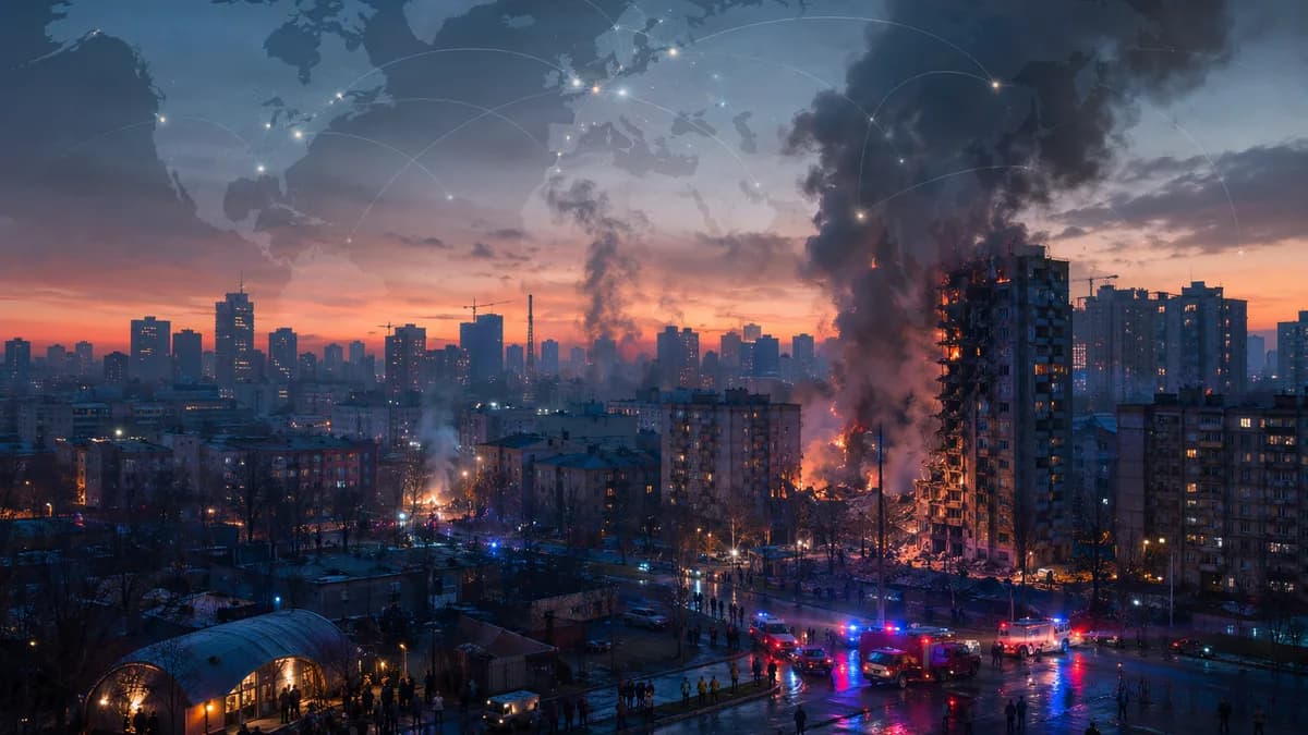 Kyiv skyline after strikes with smoke, emergency lights, and global map connections evoking NATO urgency.