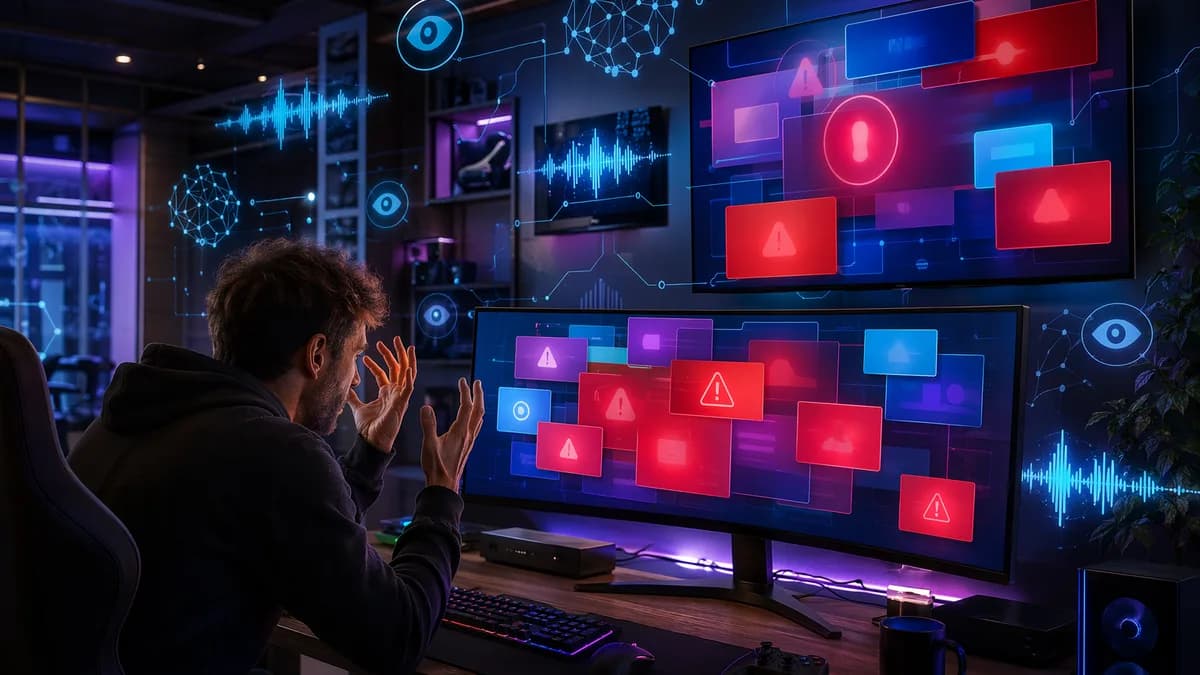 Frustrated gamer facing smart screens with abstract AI privacy and unwanted software signals
