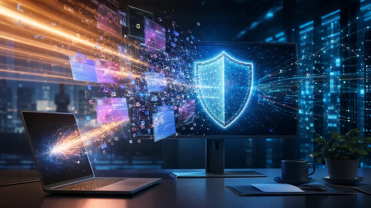 Laptop and monitor in a futuristic workspace as intrusive ad pop-ups dissolve behind a security shield.