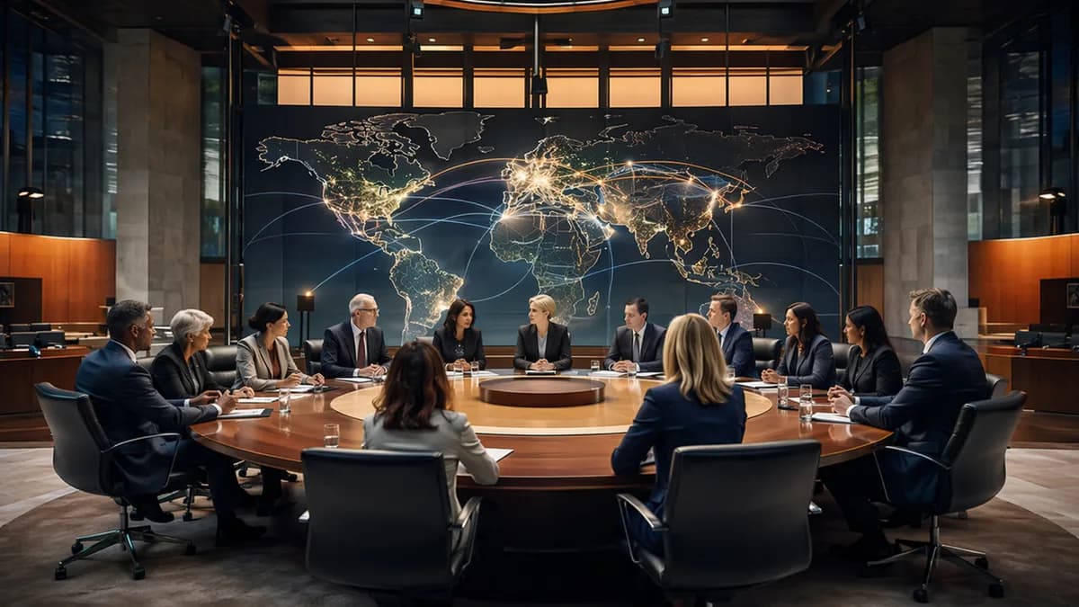 Lawmakers debate representation reform before a glowing world map in a modern political chamber.
