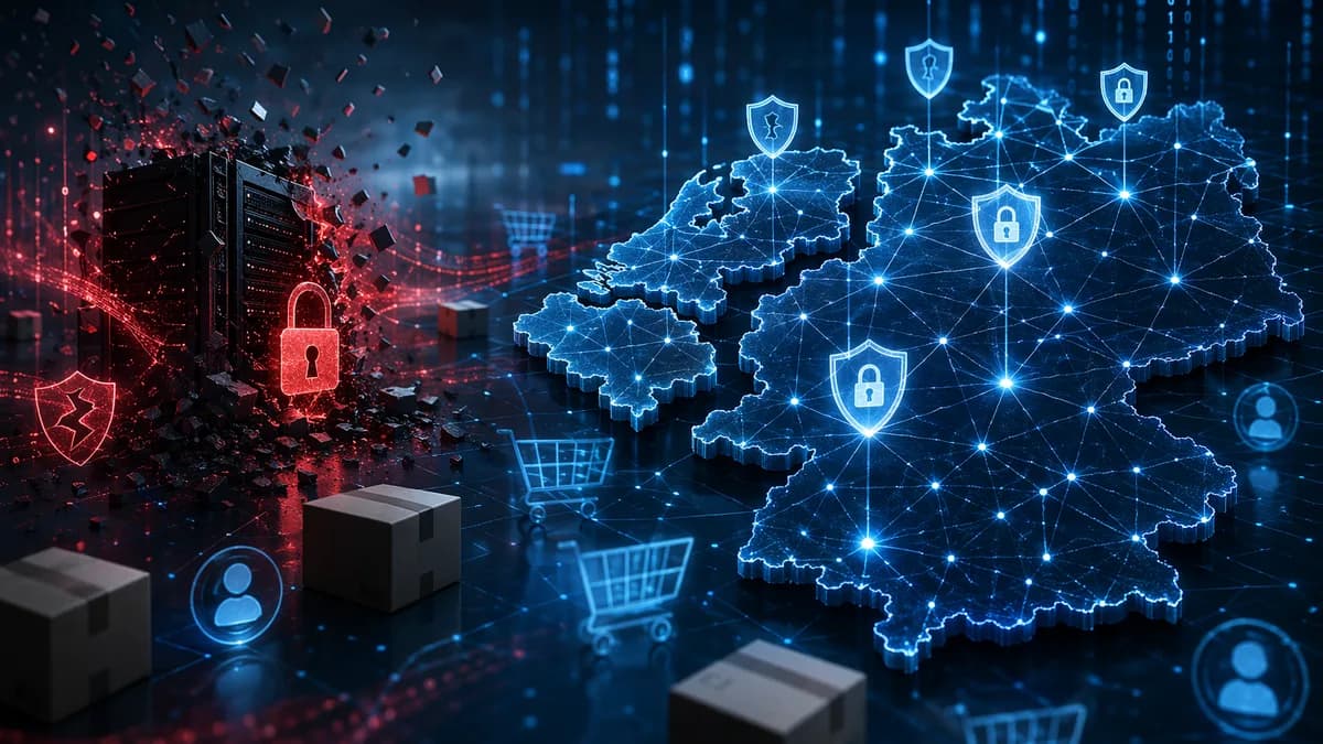 Cybersecurity breach visual with retail data, locks, shields, and European network map.