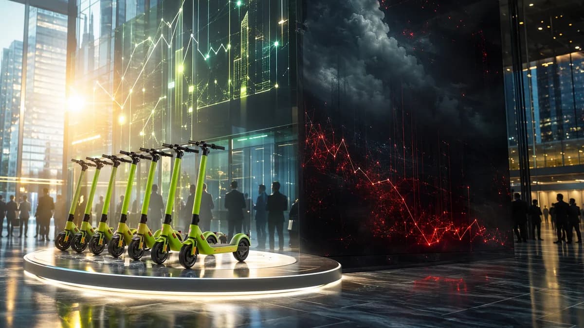 Lime-green electric scooters in a futuristic finance hub with abstract market screens and debt symbolism.