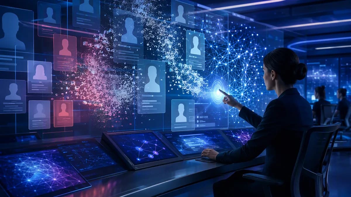 Analyst cleaning AI-generated social feed posts in a futuristic moderation workspace.