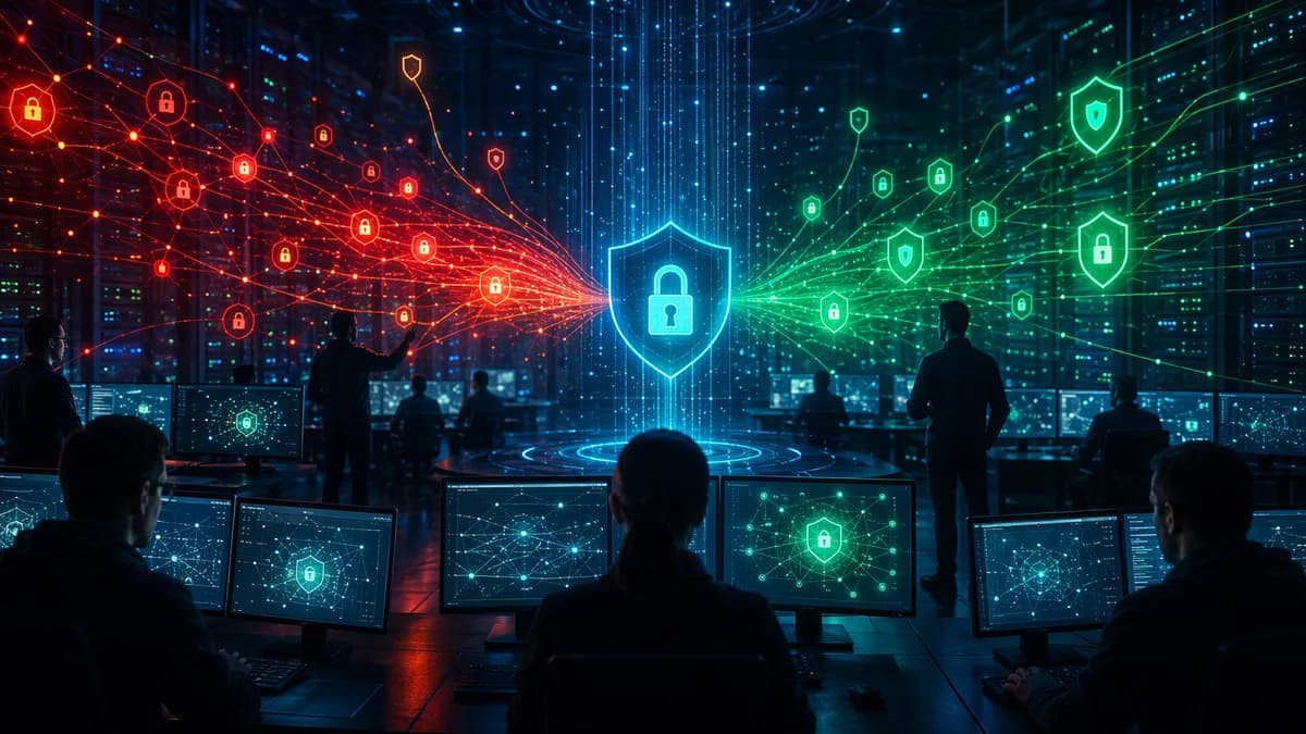 Cybersecurity team triages a surge of Linux kernel vulnerabilities in a dark server operations center.