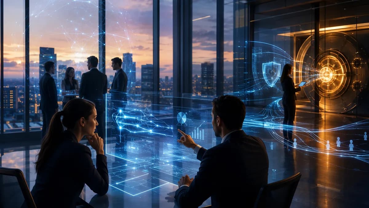 AI-driven banking strategy visual with digital dashboards, cost optimization, and trust-focused finance imagery