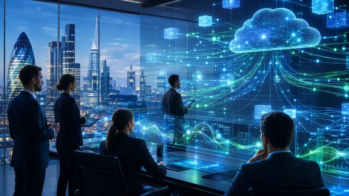 Banking command center with glowing AI networks and abstract fintech dashboards in a modern city setting.