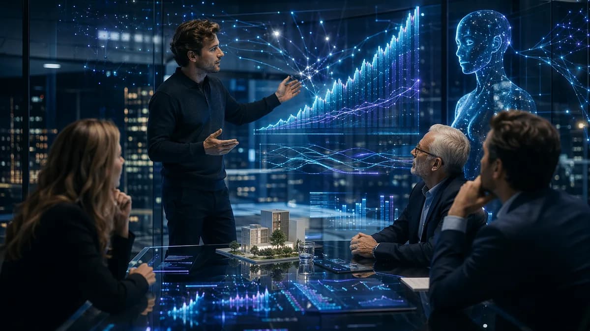 European AI startup funding scene with investors, holographic data, and futuristic workspace