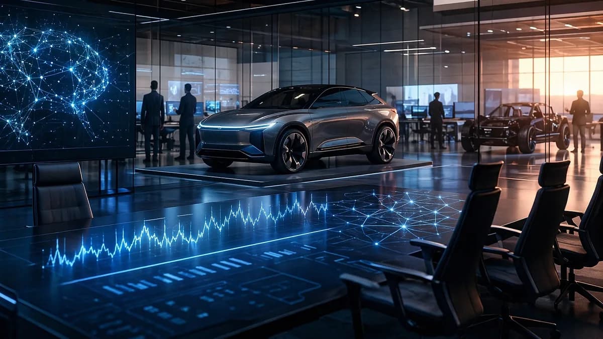 Luxury EV prototype in a futuristic studio with empty executive chairs suggesting leadership shakeup.
