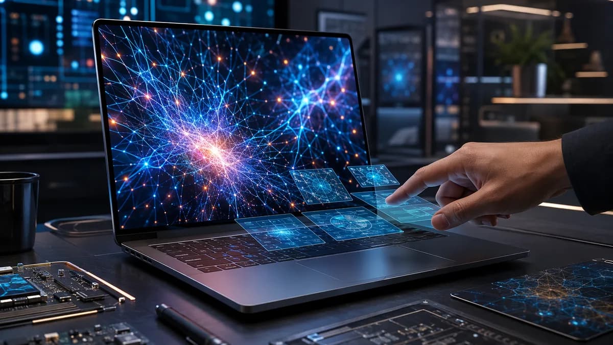 Unbranded OLED laptop with glowing touchscreen interface in a futuristic tech workspace.