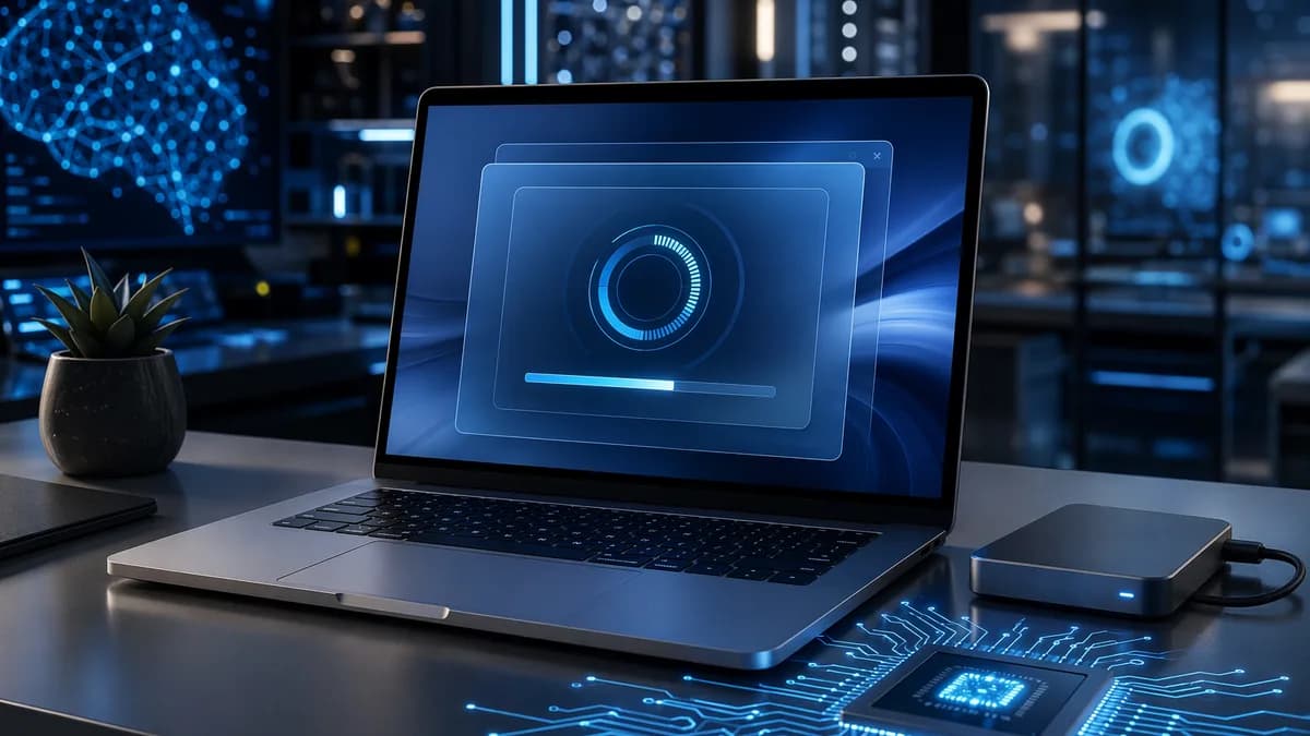 Aluminum laptop with abstract beta update visuals and backup drive in a sleek futuristic workspace.