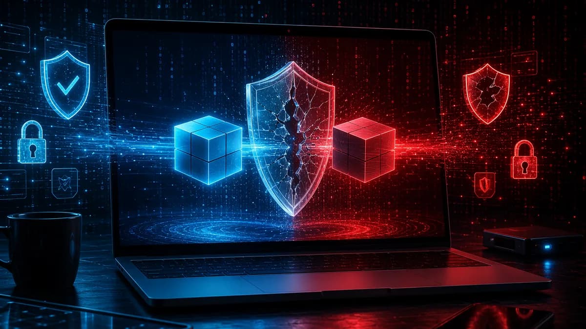 Generic laptop shows a trusted app cube replaced by a red evil twin behind a cracked security shield.
