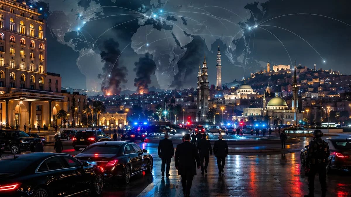Damascus blasts near diplomatic hotel with convoy, smoke, emergency lights, and global map overlay