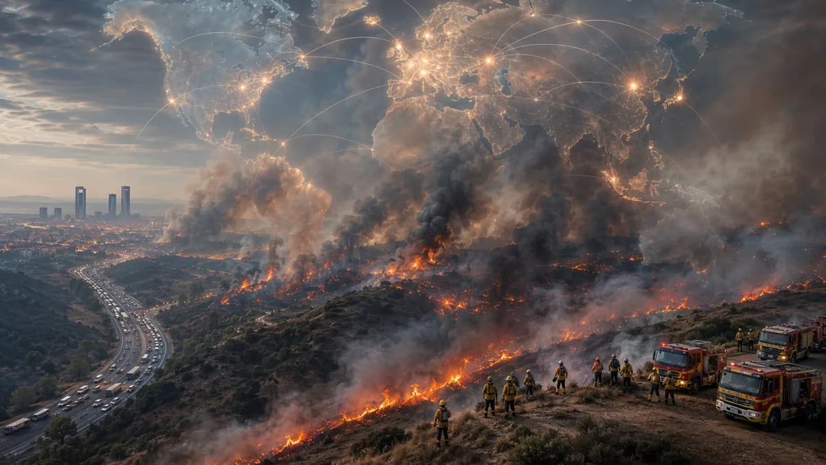 Aerial view of firefighters battling wildfires near Madrid amid smoke, evacuations, and a subtle global crisis map.