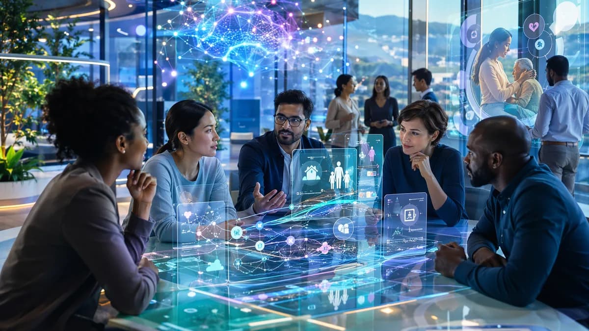 Futuristic care economy software workspace with investors, AI networks, and abstract support platform screens.
