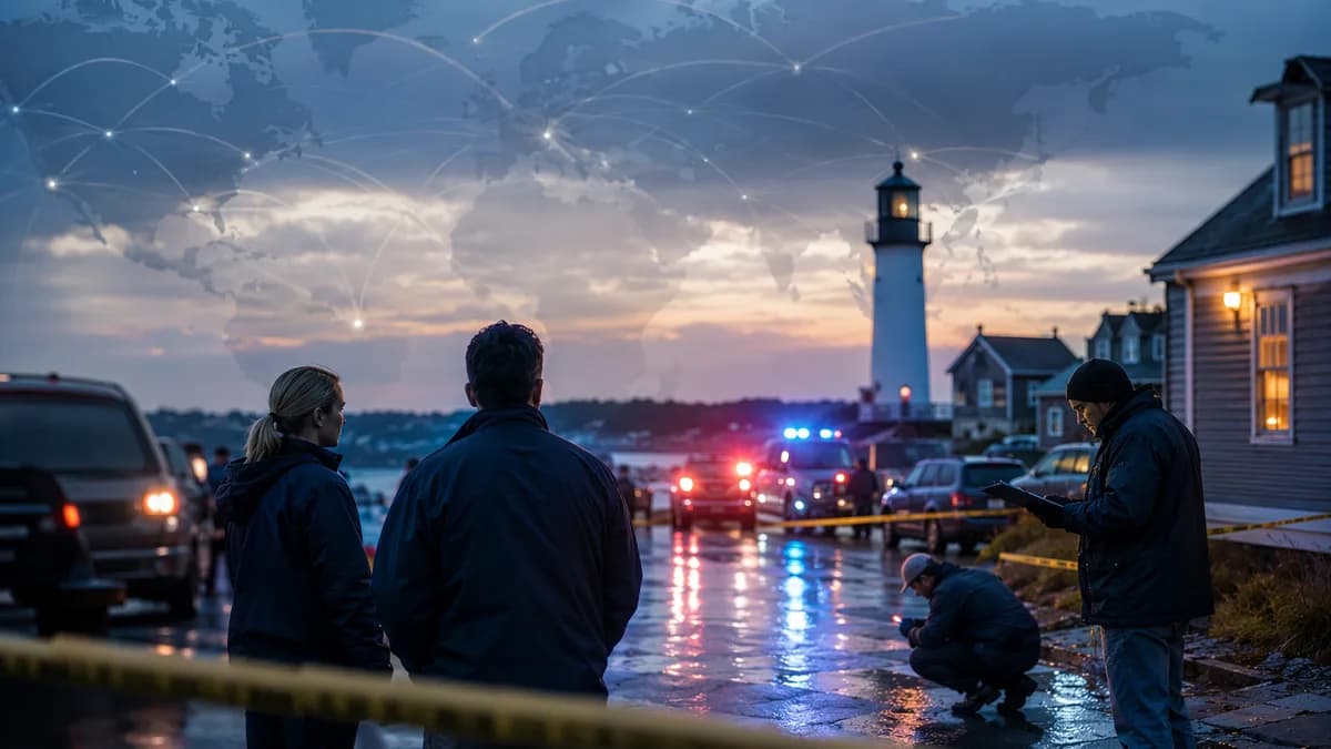 Investigators at a rainy Maine street scene with global map overlay, symbolizing an ICE shooting probe.