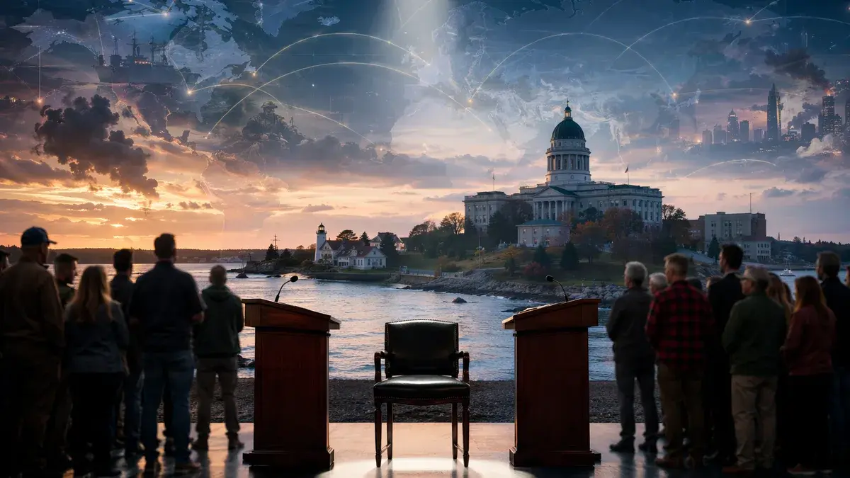 Symbolic Maine Senate succession fight with divided podiums, statehouse silhouette, and global map connections.