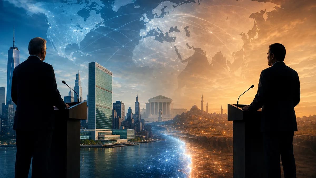 Symbolic NYC and Middle East geopolitical standoff with world map connections and courthouse silhouette