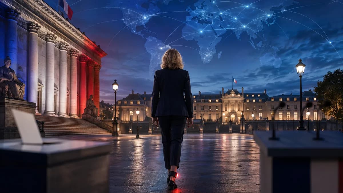 Symbolic French election scene with courthouse, candidate silhouette, ankle tag, and global network map.