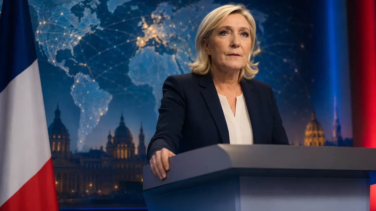 French presidential candidate before a global map, symbolizing the 2027 race and public trust.