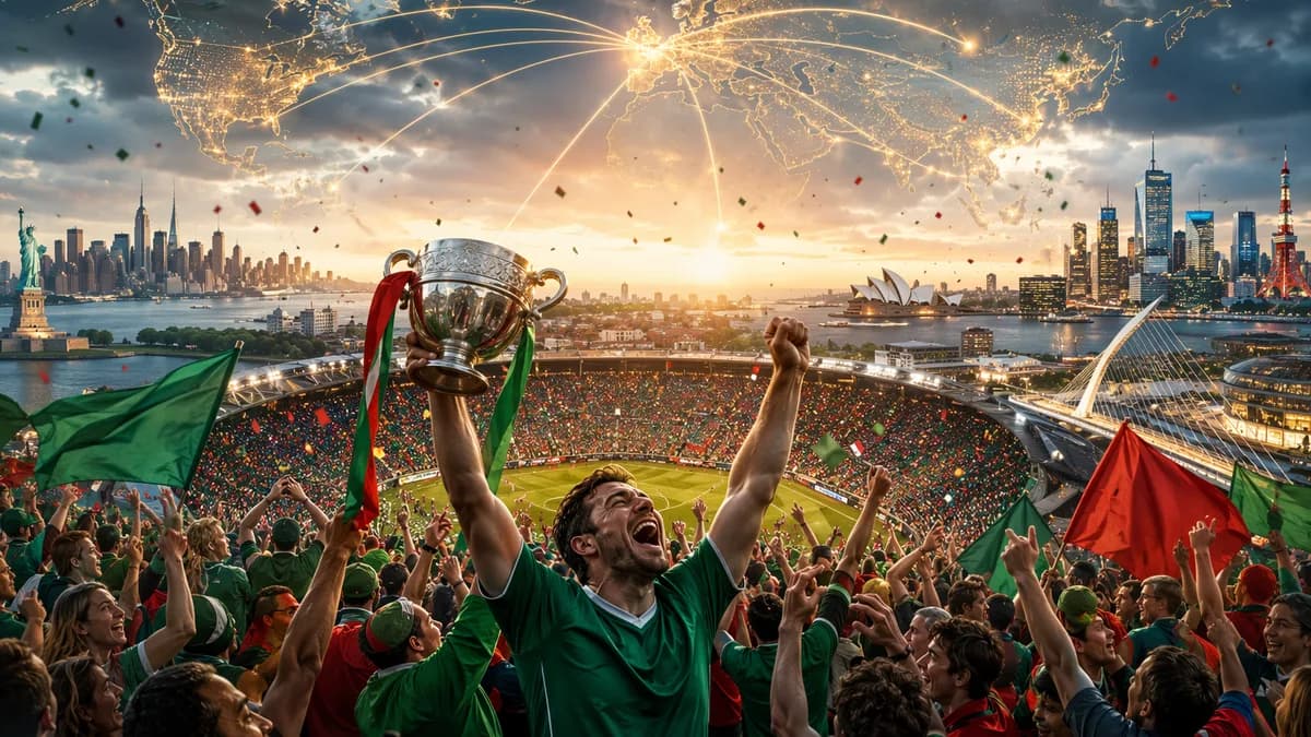 Global fans celebrate Mayo’s historic All-Ireland football victory with Ireland at the center of a glowing world map.