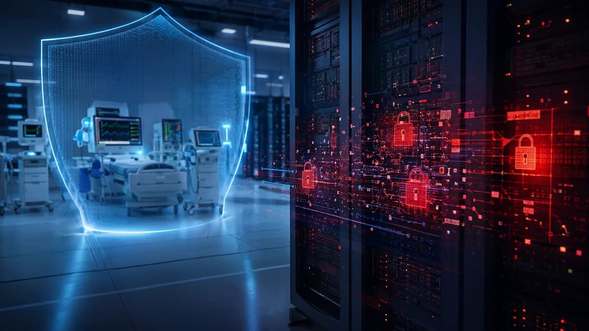 Hospital IT breach scene with protected medical devices, servers, shields, locks, and data streams.