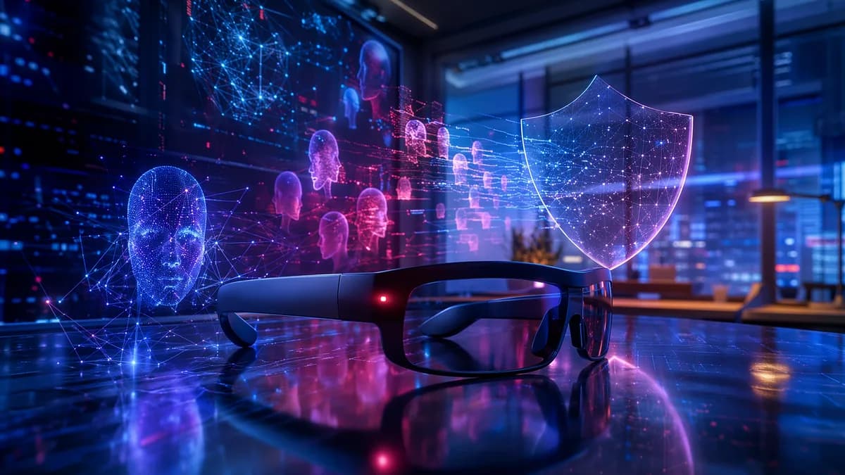 Generic AI smart glasses with glowing LED amid data streams, suggesting privacy and surveillance concerns.