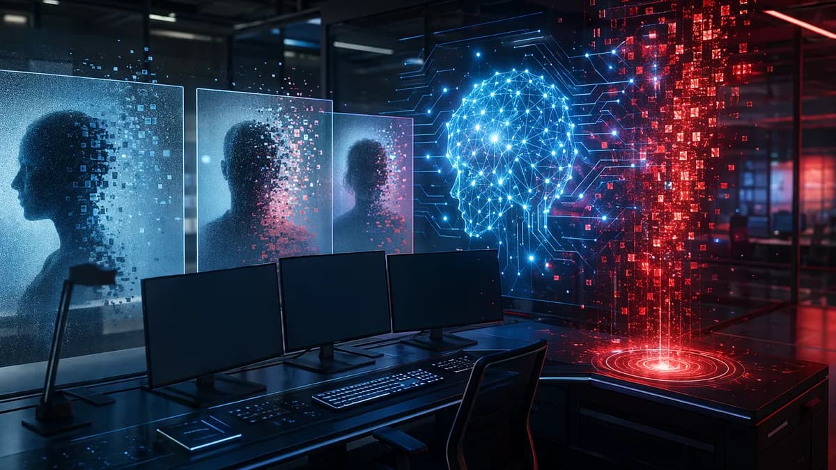 AI image tool shutting down amid privacy and likeness concerns in a futuristic tech workspace.