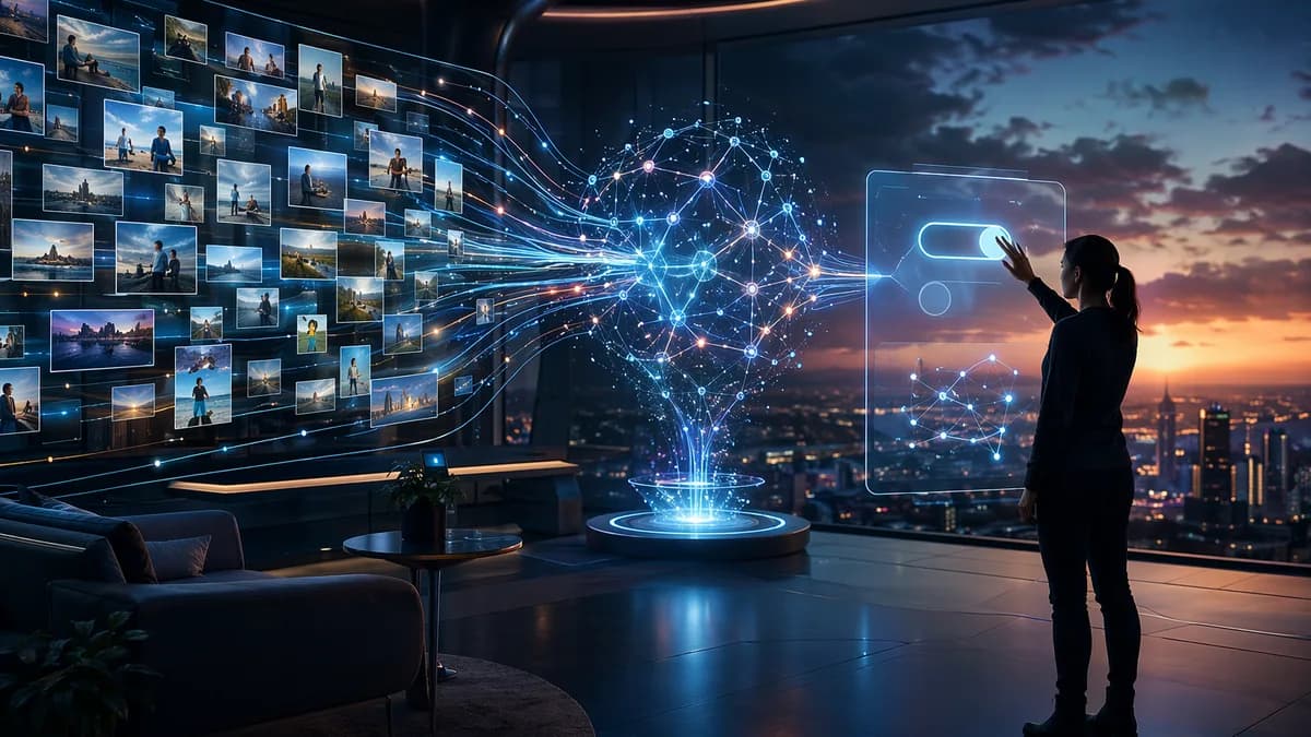 Generic social media photos flow into an AI network as a user reviews privacy controls in a futuristic workspace.