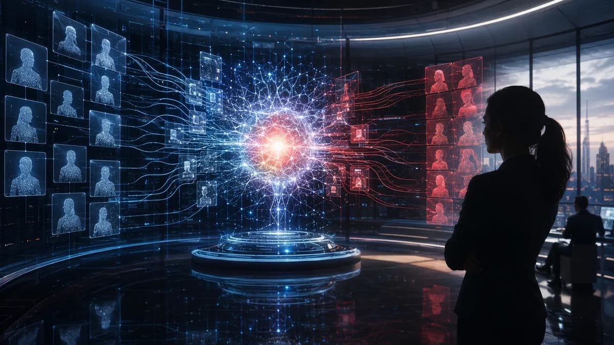 AI-driven HR scoring interface sorting employee silhouettes in a futuristic tech office