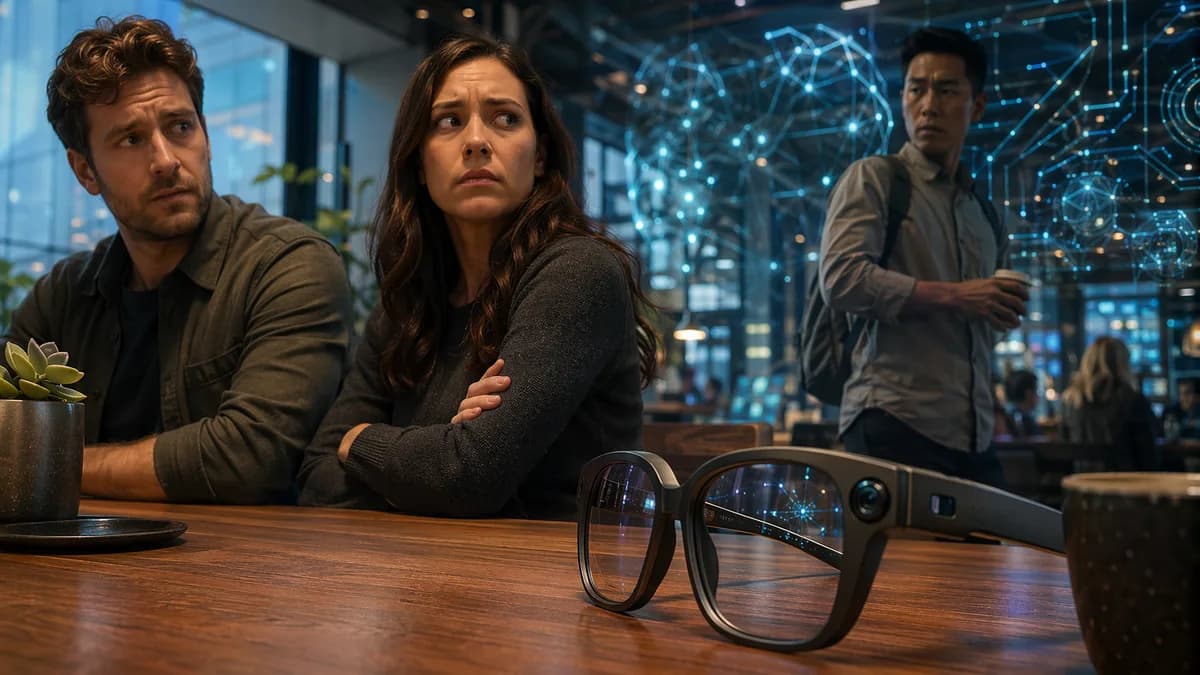Generic AI smart glasses in a tech cafe as people react cautiously to privacy concerns.