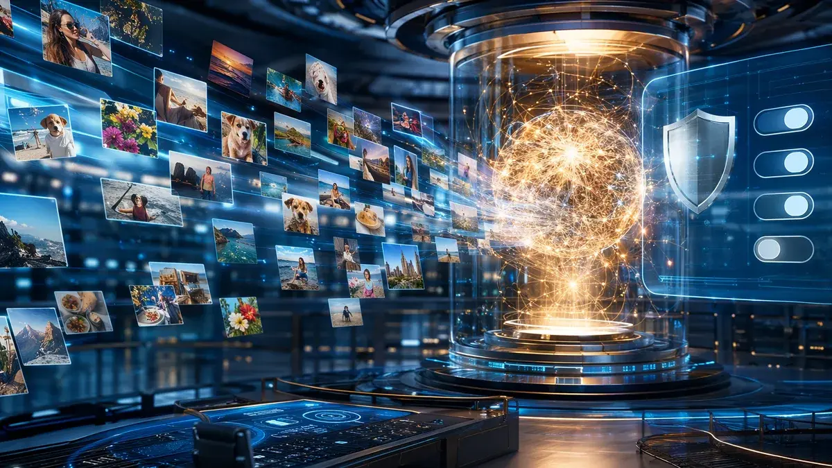 Generic social media photos flowing into an AI image engine with privacy controls in a futuristic workspace.