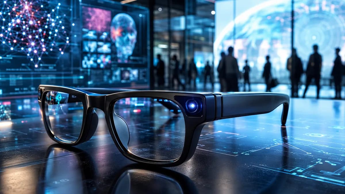 Smart glasses on a futuristic desk with AI networks and privacy surveillance tension in the background.