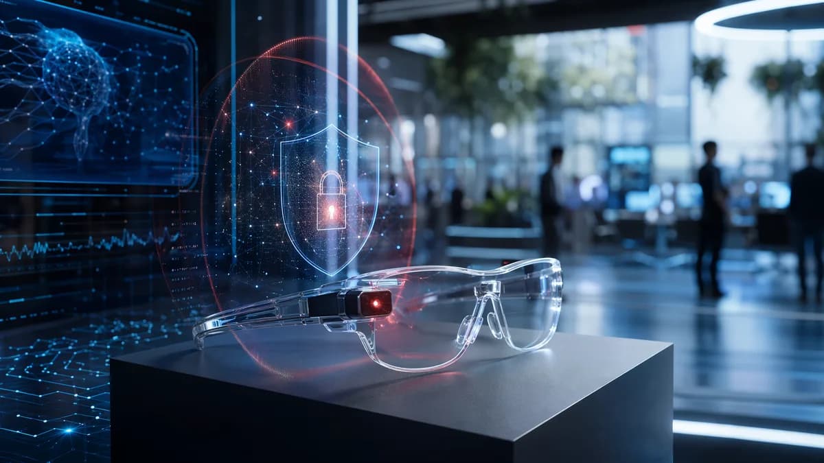 Smart glasses with glowing privacy light in a futuristic tech hub, symbolizing camera tamper protection.