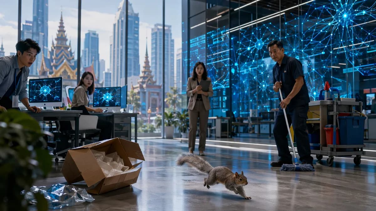 Squirrel loose in a futuristic tech office as workers react near an opened package.