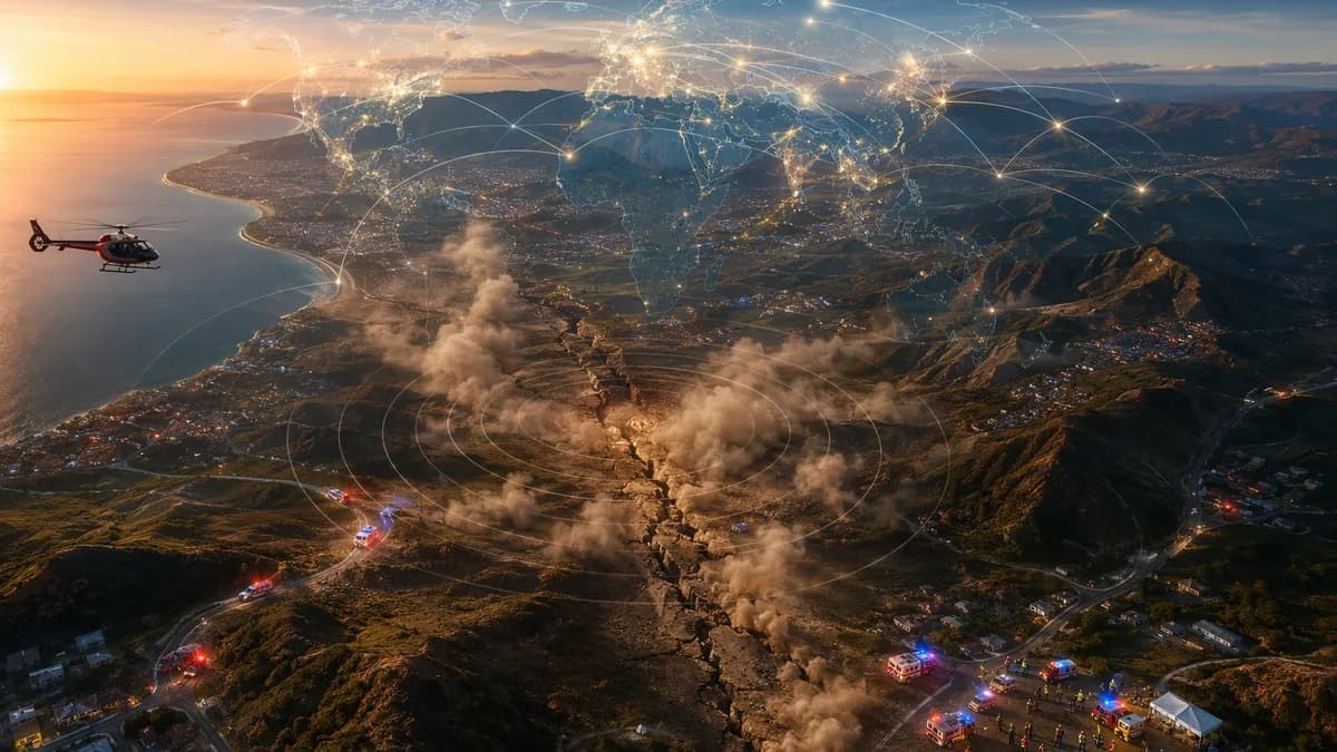 Aerial Mexico-Guatemala border scene with seismic waves, cracked earth, and global map connections.
