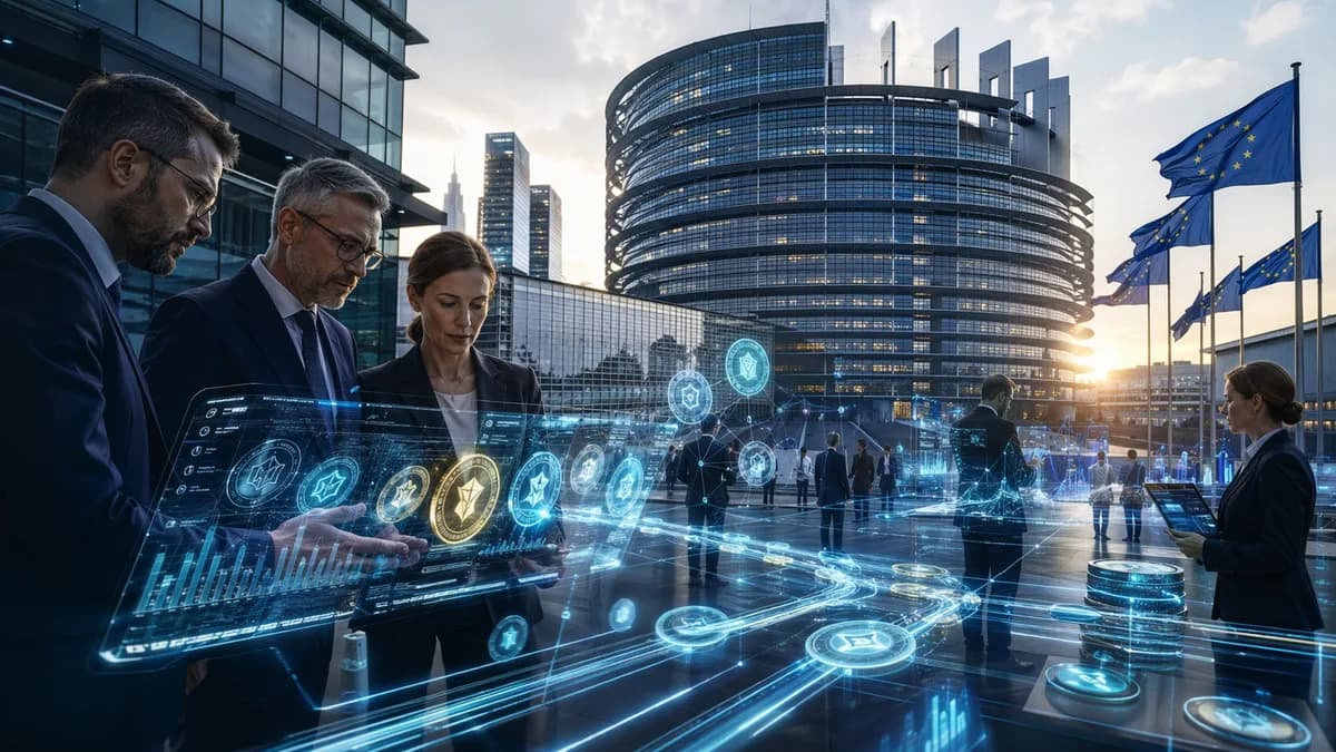 European crypto regulation visual with digital coins, banking holograms, and regulators in a futuristic finance district