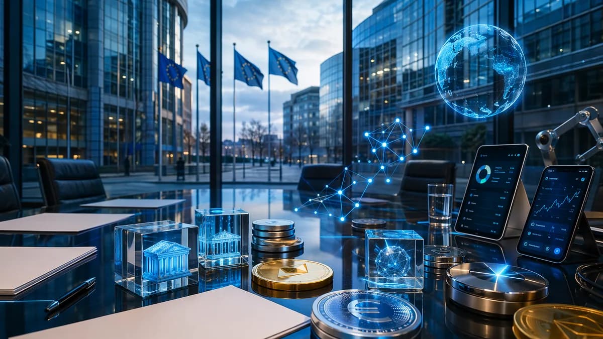 European crypto regulation scene with digital tokens, blank policy papers, and blockchain visuals in Brussels