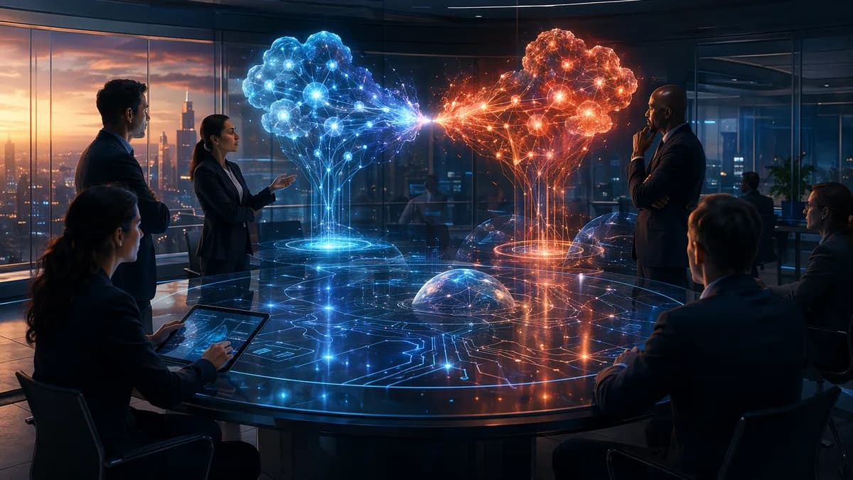 Futuristic AI sales war room with holographic neural networks and competing cloud platforms