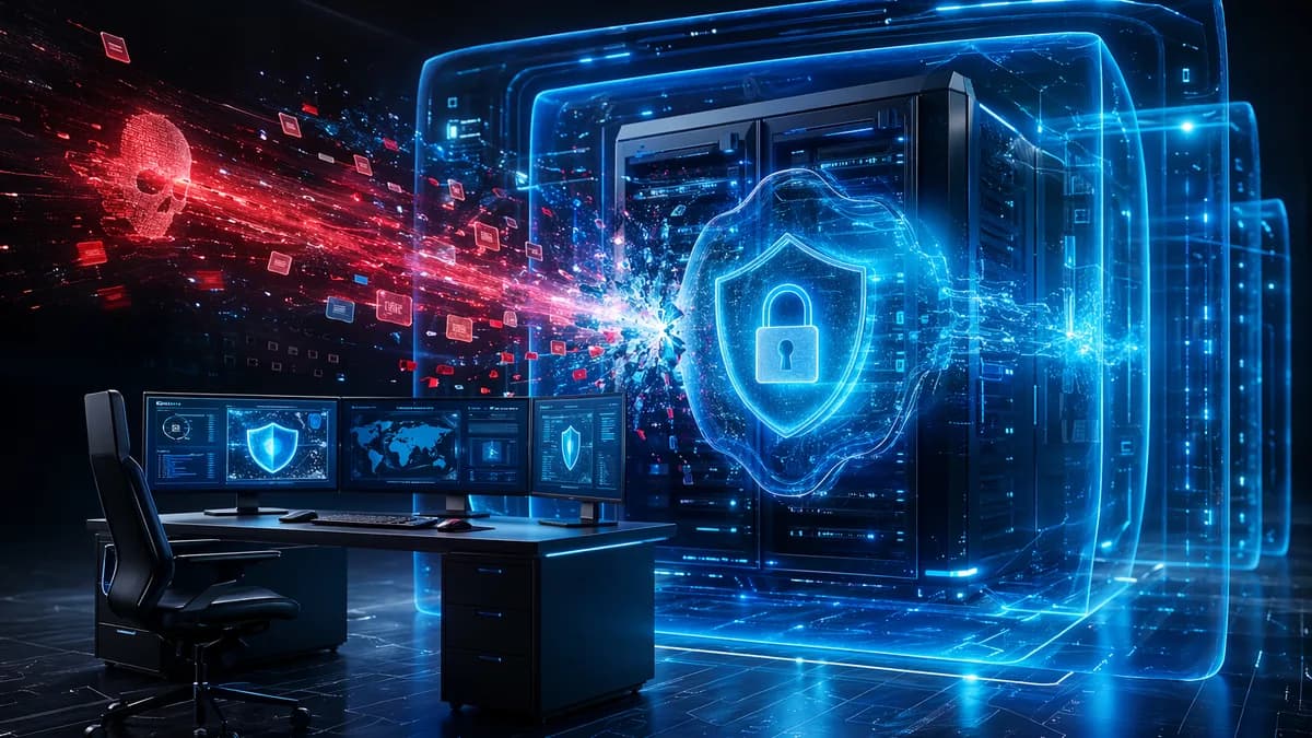 Enterprise endpoint shield blocks a rogue cyber intrusion in a dark data protection scene.