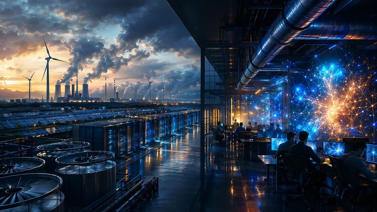 AI data center with emissions haze and green energy elements, symbolizing rising tech climate impact.