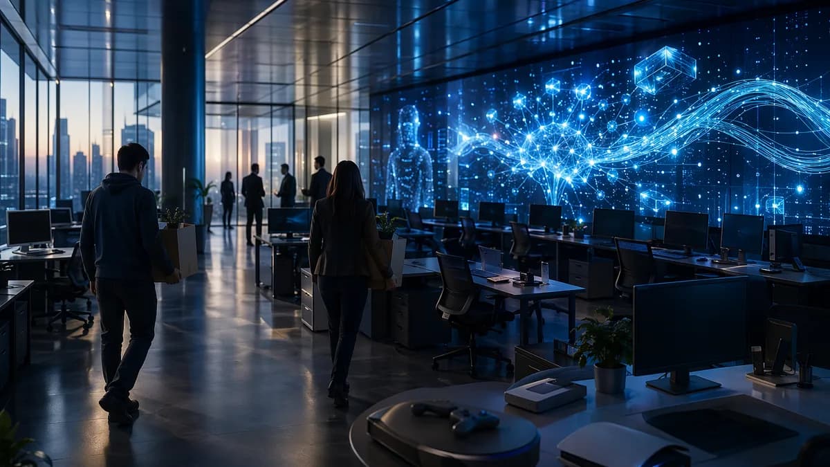 Empty tech office with employees leaving as AI visuals glow across futuristic screens.
