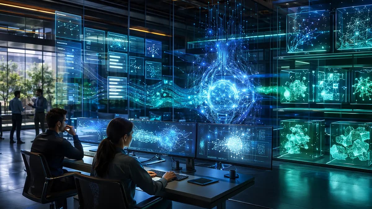 Futuristic office AI hub routing productivity prompts through neural networks and data streams.